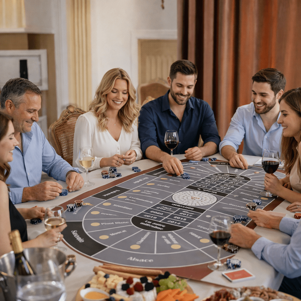 Groupe jouant au casino du vin à Paris autour d'un plateau de dégustation