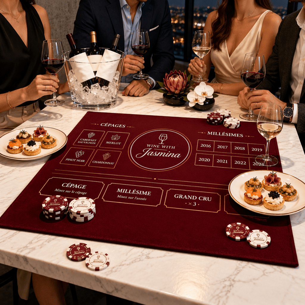 Invités misant sur un tapis d'un casino du vin avec Jasmina lors d'une dégustation.