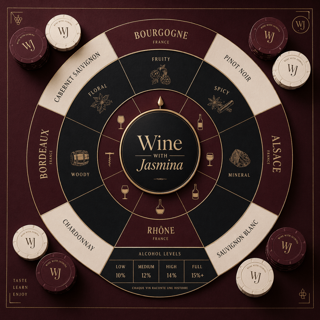 Roue des arômes et cépages du Casino du vin Wine with Jasmina avec jetons de jeu.