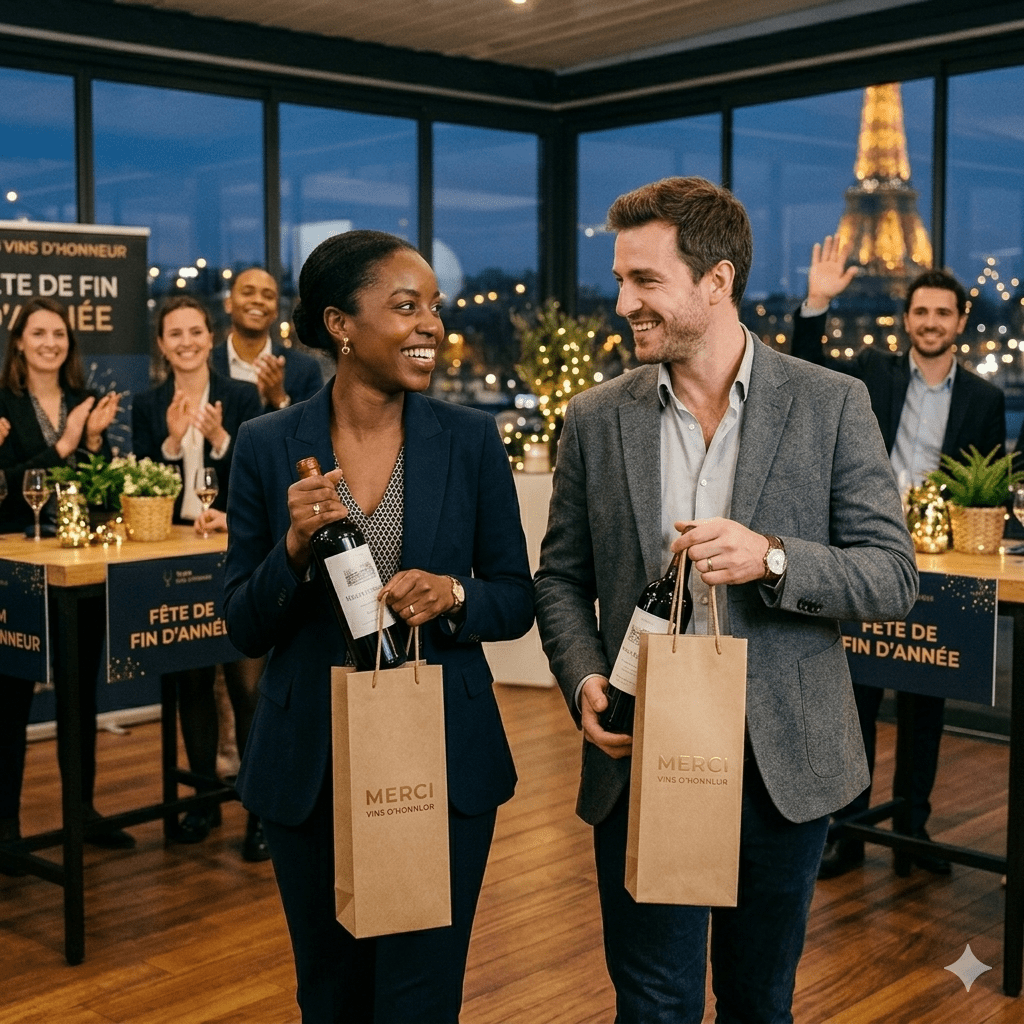 Two smiling teammates holding gifts at a corporate party in Paris